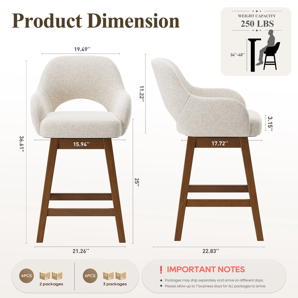 EOP Modern Swivel Bar Stools Set of 2, 25" Upholstered Counter Height Bar Stools with Wood Legs & Curved Back, Mid Century Bar Chairs for Kitchen Island Pub, Beige