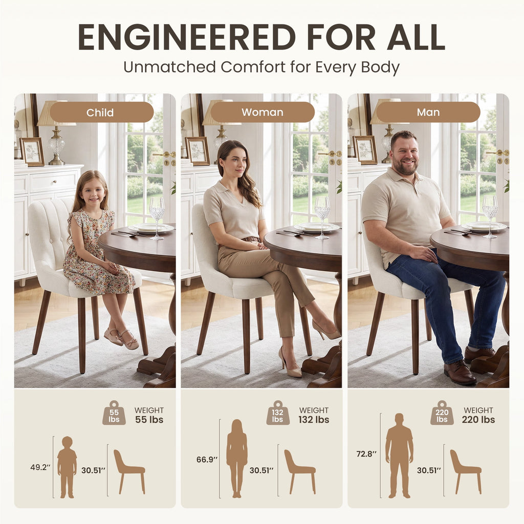 EOP Wooden Dining Chairs Set of 2, Modern Tufted Button Kitchen Chairs with Solid Wood Legs, Upholstered Fabric Dining Room Chairs for Living Room Bedroom, Beige