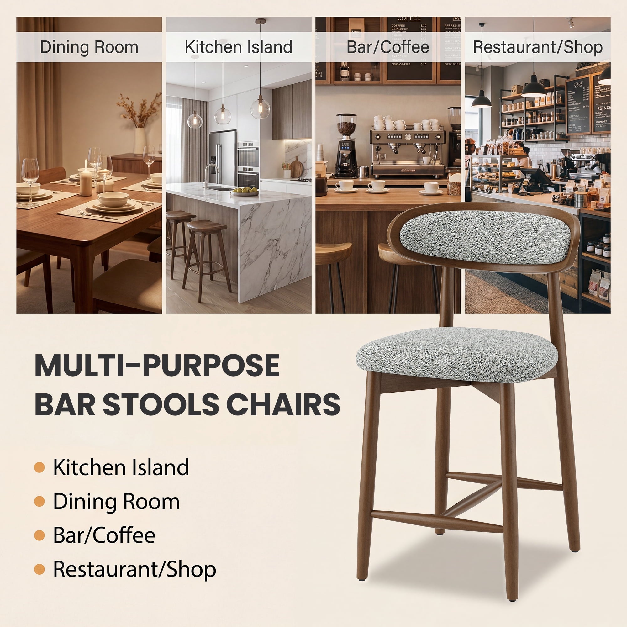 EOP Modern Bar Stools Set of 4, Upholstered 24.8″ Counter Height Bar Stools, Kitchen Island Barstools with Wood Legs for Kitchen Island Dining Room Bar, Light Gray