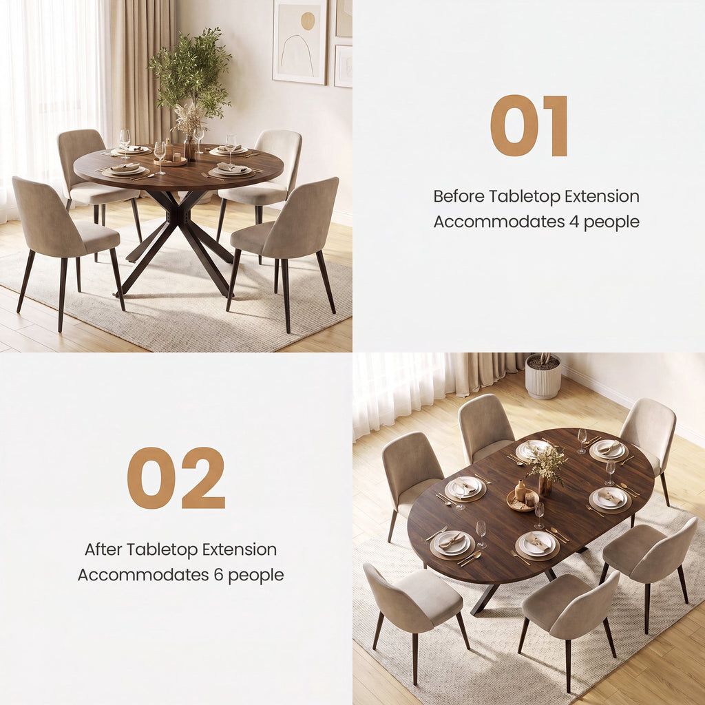 EOP 43″- 59″ Extendable Round Dining Table for 4-6, Farmhouse Oval Kitchen Table with Removable Leaves, Mid Century Modern Dining Room Table with Metal Frame, Space Saving, Walnut