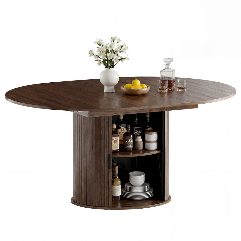 EOP 47″- 63″ Extendable Round Dining Table for 4-6, Wooden Kitchen Table with Hidden Storage and Fluted Sliding Door Cabinet, Modern Space-Saving Table for Dining Room Kitchen, Walnut