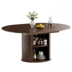 EOP 47″- 63″ Extendable Round Dining Table for 4-6, Wooden Kitchen Table with Hidden Storage and Fluted Sliding Door Cabinet, Modern Space-Saving Table for Dining Room Kitchen, Walnut