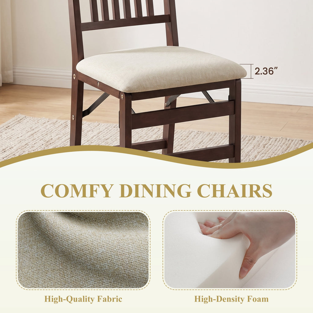EOP Folding Dining Chairs Set of 2, Wooden Foldable Dining Room Chairs for Kitchen & Small Spaces, Mid Century Modern Upholstered Kitchen chairs, No Assembly Required, Beige