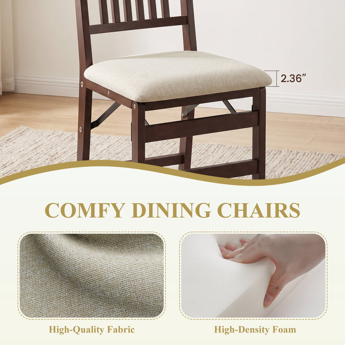 EOP Folding Dining Chairs Set of 2, Wooden Foldable Dining Room Chairs for Kitchen & Small Spaces, Mid Century Modern Upholstered Kitchen chairs, No Assembly Required, Beige