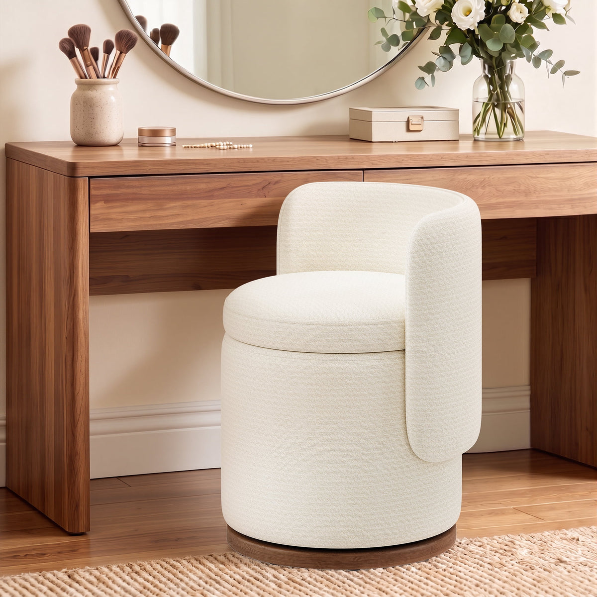 EOP Vanity Chair with Storage, 360° Swivel Upholstered Makeup Vanity Stool with Back, Modern Round Accent Stool for Bedroom or Dressing Room, White