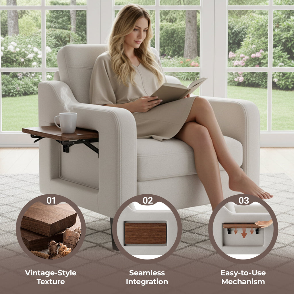 EOP Modern Upholstered Armchair, Linen Fabric Accent Chair with 2 Side Pockets, Living Room Chair with Foldable Table, Comfy Reading Chair for Bedroom, Beige