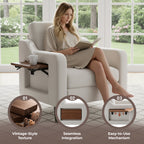 EOP Modern Upholstered Armchair, Linen Fabric Accent Chair with 2 Side Pockets, Living Room Chair with Foldable Table, Comfy Reading Chair for Bedroom, Beige