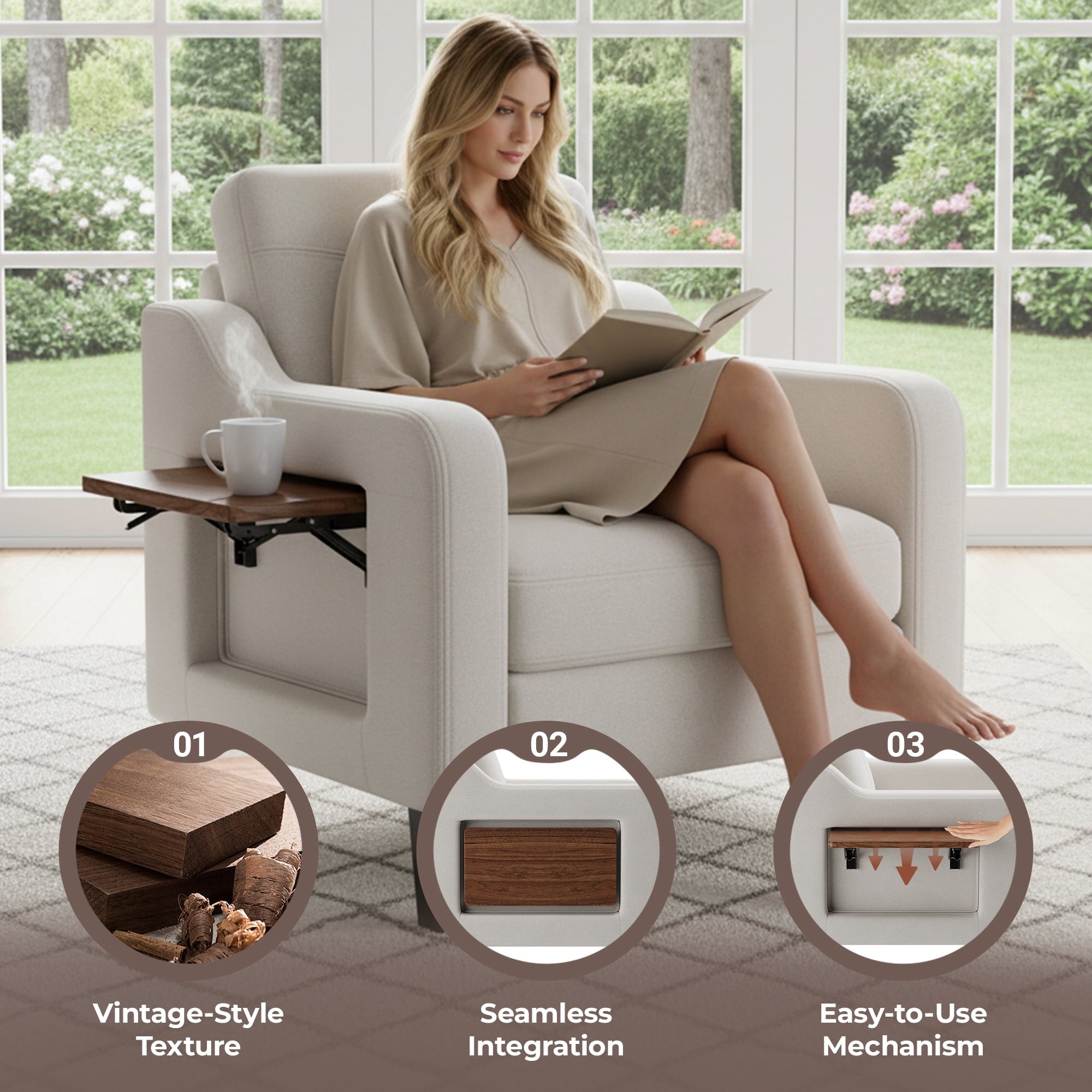 EOP Modern Upholstered Armchair, Linen Fabric Accent Chair with 2 Side Pockets, Living Room Chair with Foldable Table, Comfy Reading Chair for Bedroom, Beige