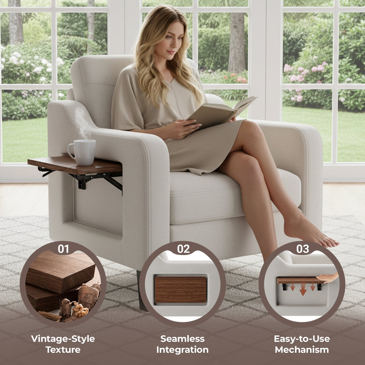EOP Accent Chair with Foldable Table, Beige Linen Fabric Armchair with Side Pockets, Comfy Reading Chair for Living Room Bedroom