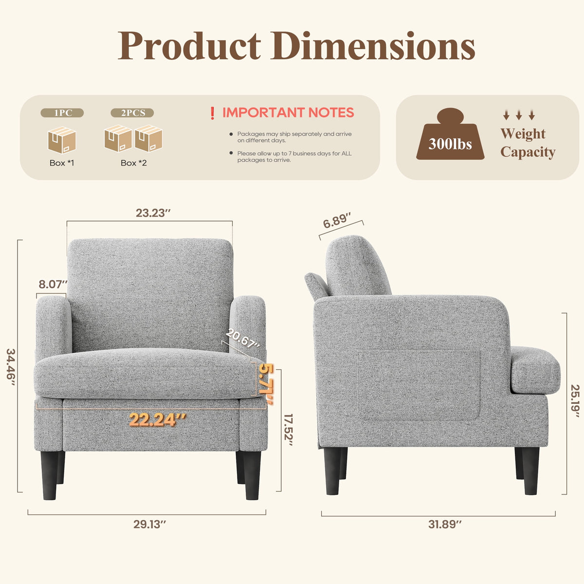 EOP 29.13" Accent Chairs Upholstered Fabric Compty Chairs with Armrest Reading Chair with Solid Wood Frame for Living Room Reading Room, Gray