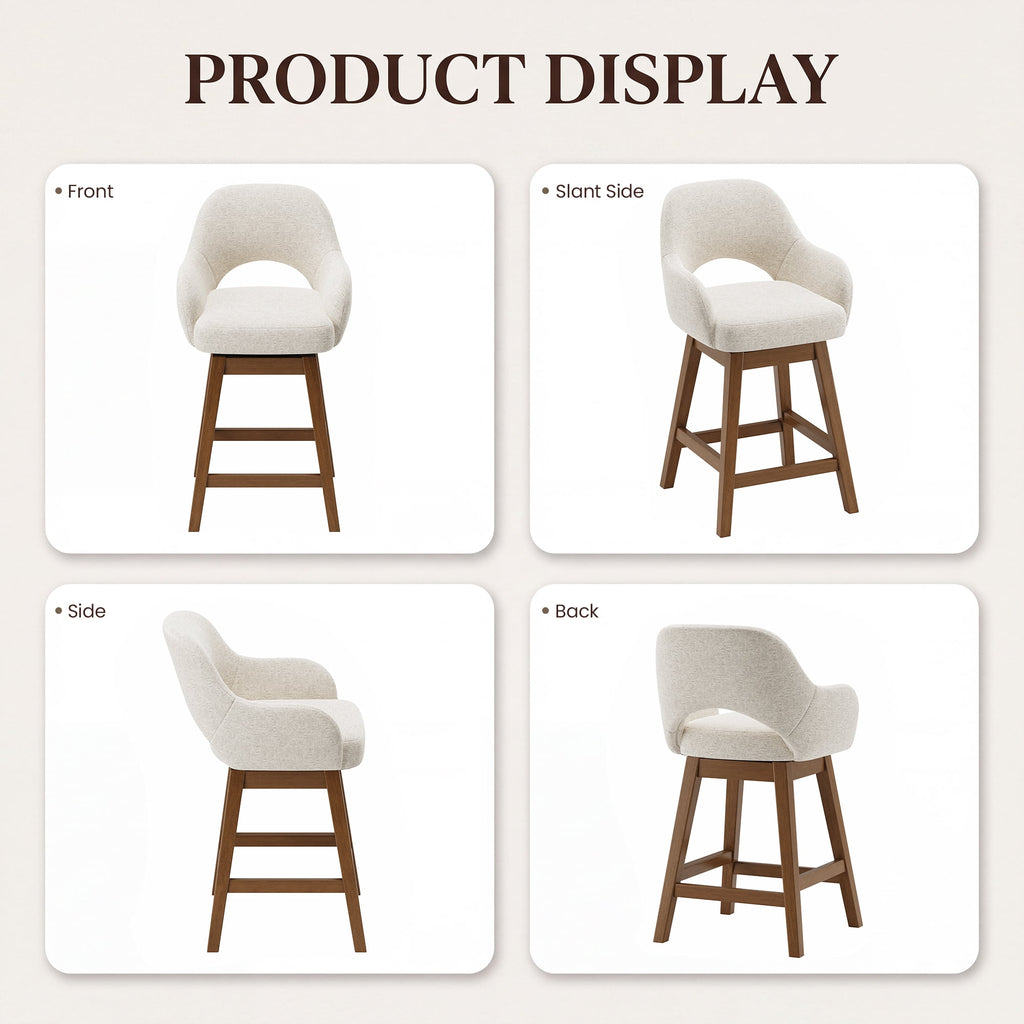EOP Modern Swivel Bar Stools Set of 2, 25" Upholstered Counter Height Bar Stools with Wood Legs & Curved Back, Mid Century Bar Chairs for Kitchen Island Pub, Beige