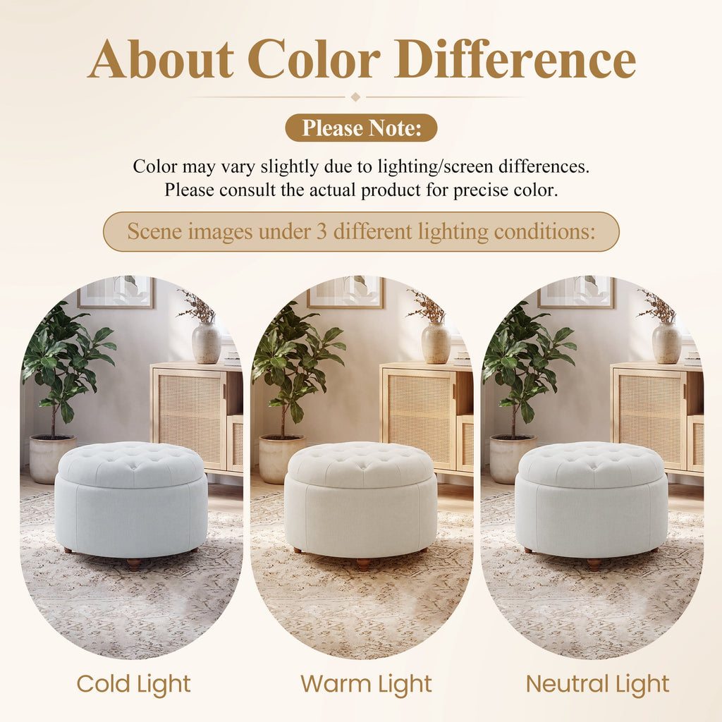 EOP 25" Round Storage Ottoman, Tufted Fabric Modern Circle Ottoman with Reversible Tray Lid, Solid Wood Legs, Multi-Use Coffee Table & Seating for Living Room, Bedroom, Beige