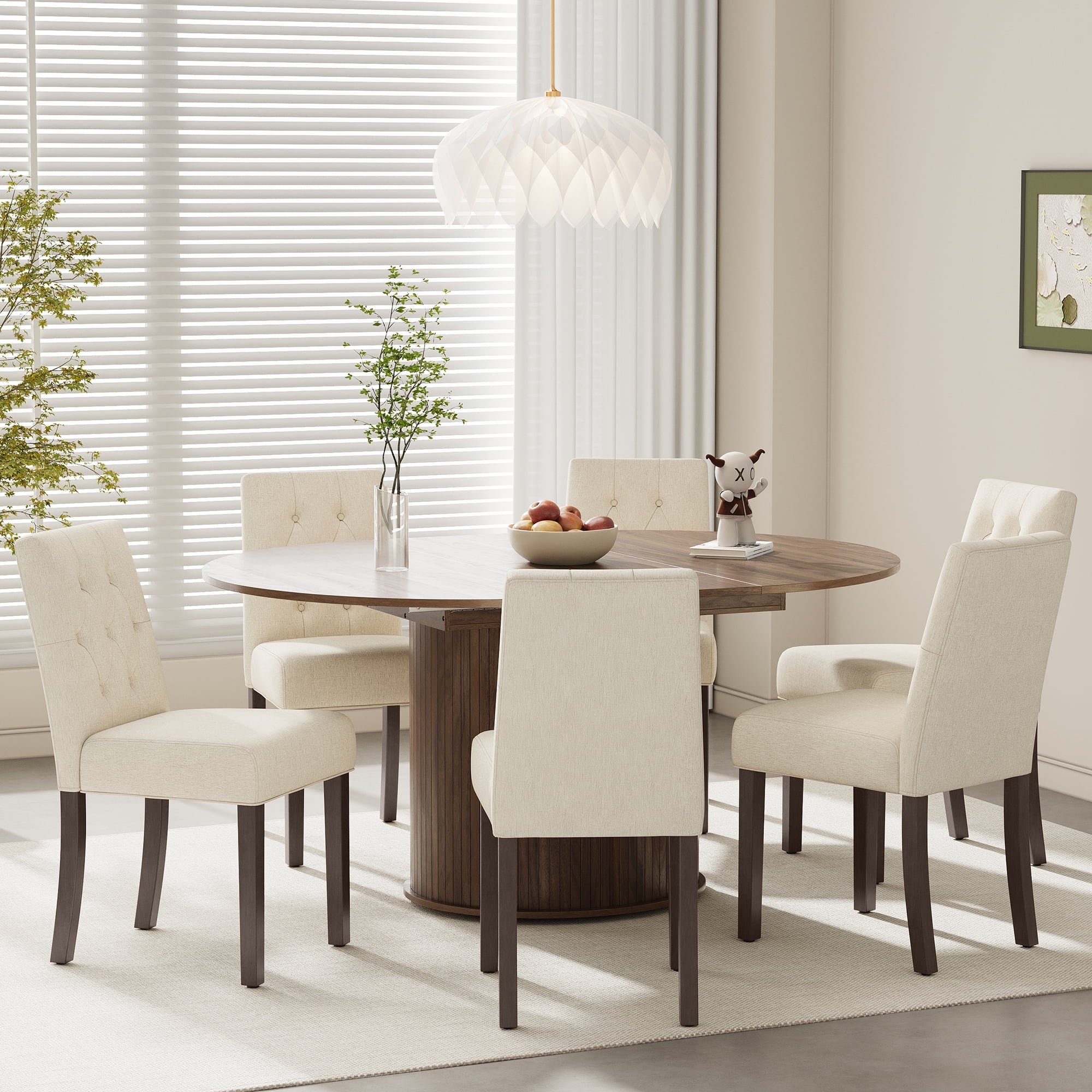 EOP 7-Piece Extendable Dining Table Set for 6, 47"-63" Wood Kitchen Table with 6 Upholstered Chairs, Space-Saving Drop Leaf Kitchen Table for Dining Room, Small Space