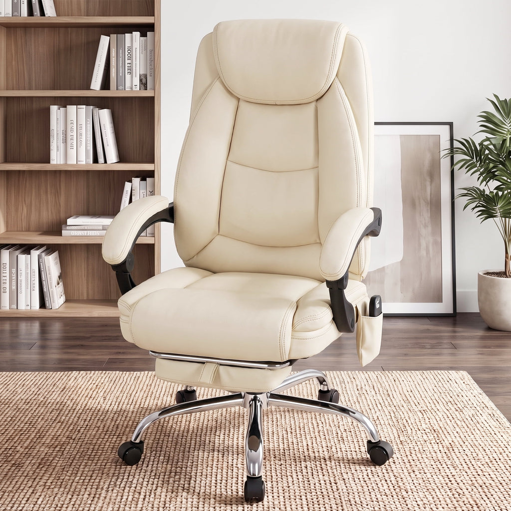 EOP Massage Faux Leather Desk Chair with Footrest High Back Office Chair Computer Reclining, Beige