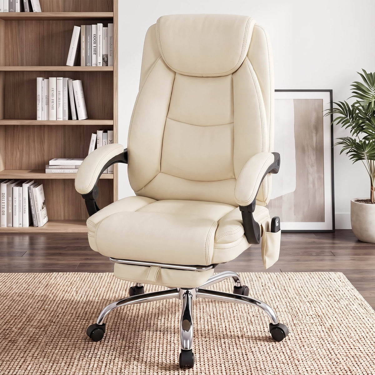 EOP Massage Faux Leather Desk Chair with Footrest High Back Office Chair Computer Reclining, Beige