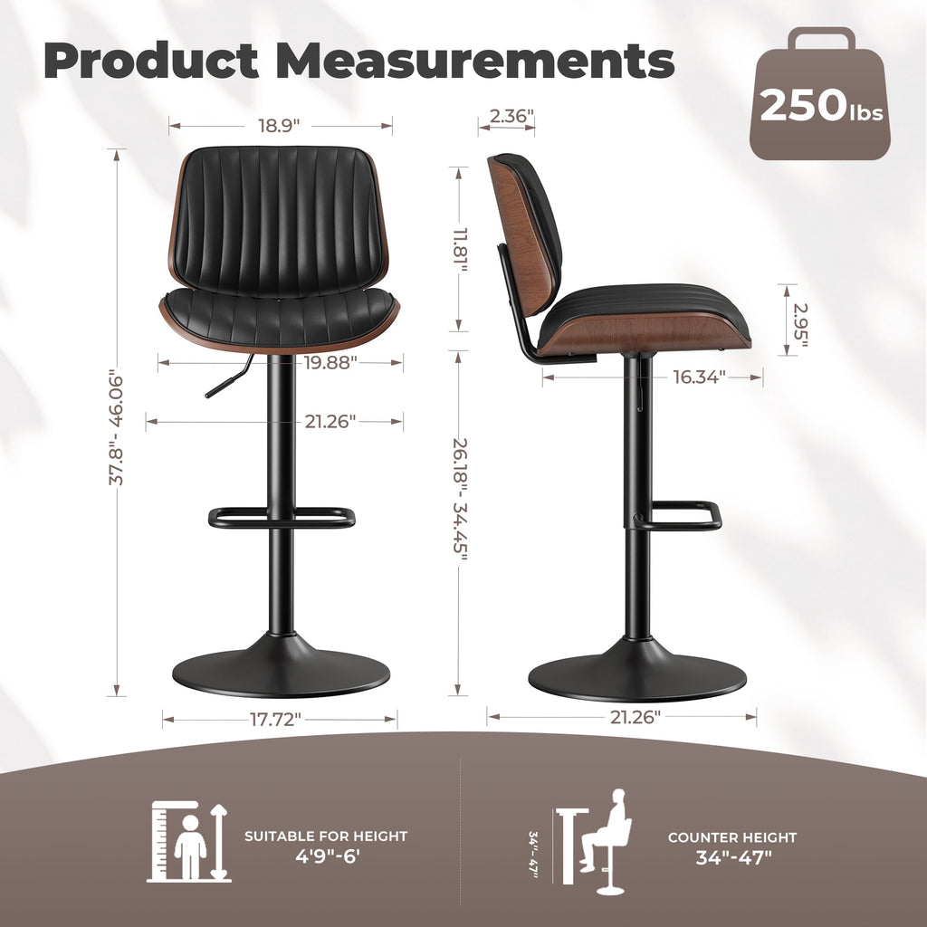 EOP Adjustable Swivel Bar Stools Single Piece Faux Leather Upholstered Counter Height Chairs with Back Dining Barstools for Kitchen Island, Black