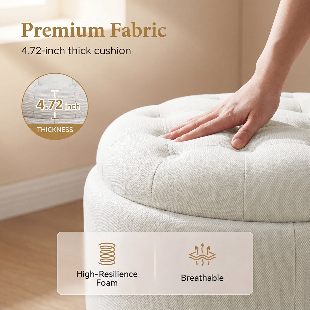 EOP 25" Round Storage Ottoman, Tufted Fabric Modern Circle Ottoman with Reversible Tray Lid, Solid Wood Legs, Multi-Use Coffee Table & Seating for Living Room, Bedroom, Beige