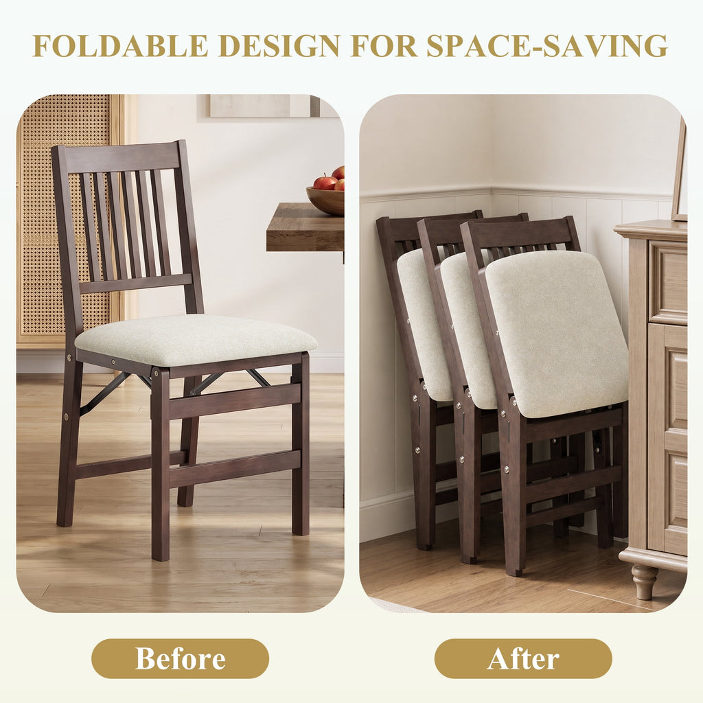 EOP Folding Dining Chairs Set of 2, Wooden Foldable Dining Room Chairs for Kitchen & Small Spaces, Mid Century Modern Upholstered Kitchen chairs, No Assembly Required, Beige