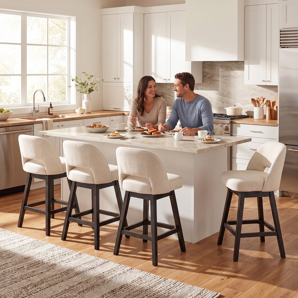 EOP 26'' Swivel Counter Height Bar Stools Set of 2, Modern Upholstered Bar Stools with Curved Back and Solid Wood Legs, Bar Chairs for Kitchen Island Home Bar, Beige