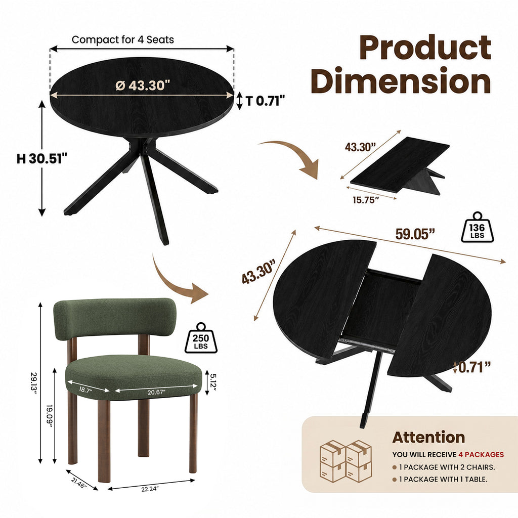 EOP 7-Piece Dining Set with Expandable 43″- 59″ Dining Table and 6 Upholstered Chairs for Small Spaces Small Home Kitchen Apartment, Black Table with Green Chairs