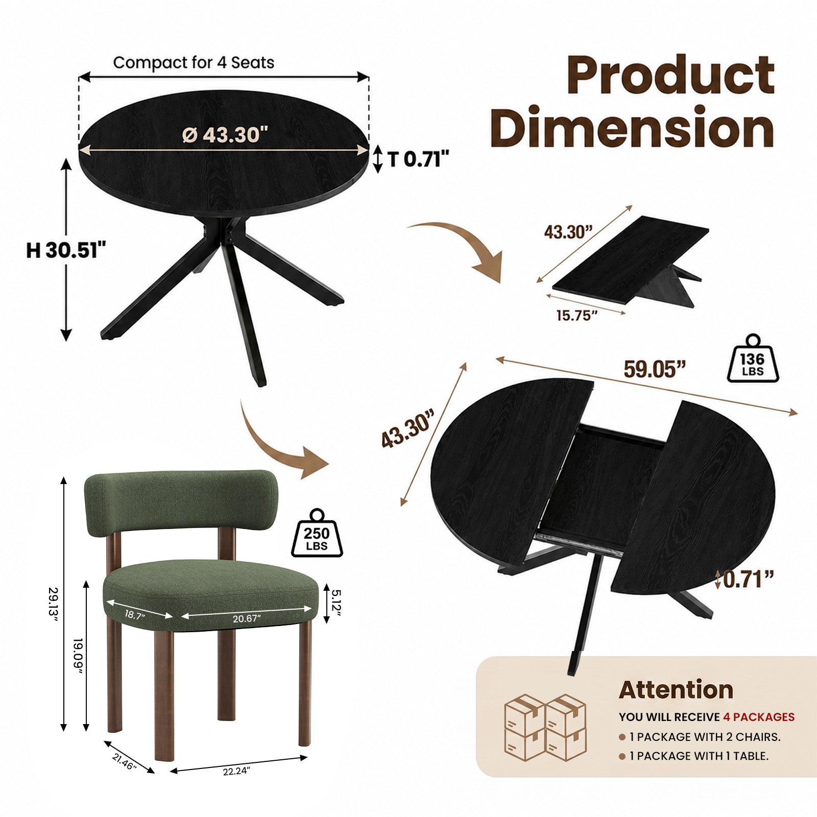 EOP 7-Piece Dining Set with Expandable 43″- 59″ Dining Table and 6 Upholstered Chairs for Small Spaces Small Home Kitchen Apartment, Black Table with Green Chairs