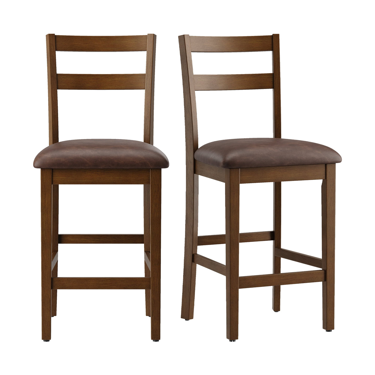 EOP Wood Bar Stools, PU Leather Upholstered Bar Chairs with Slat Back, Count Height Barstools with Footrest for Kitchen Island