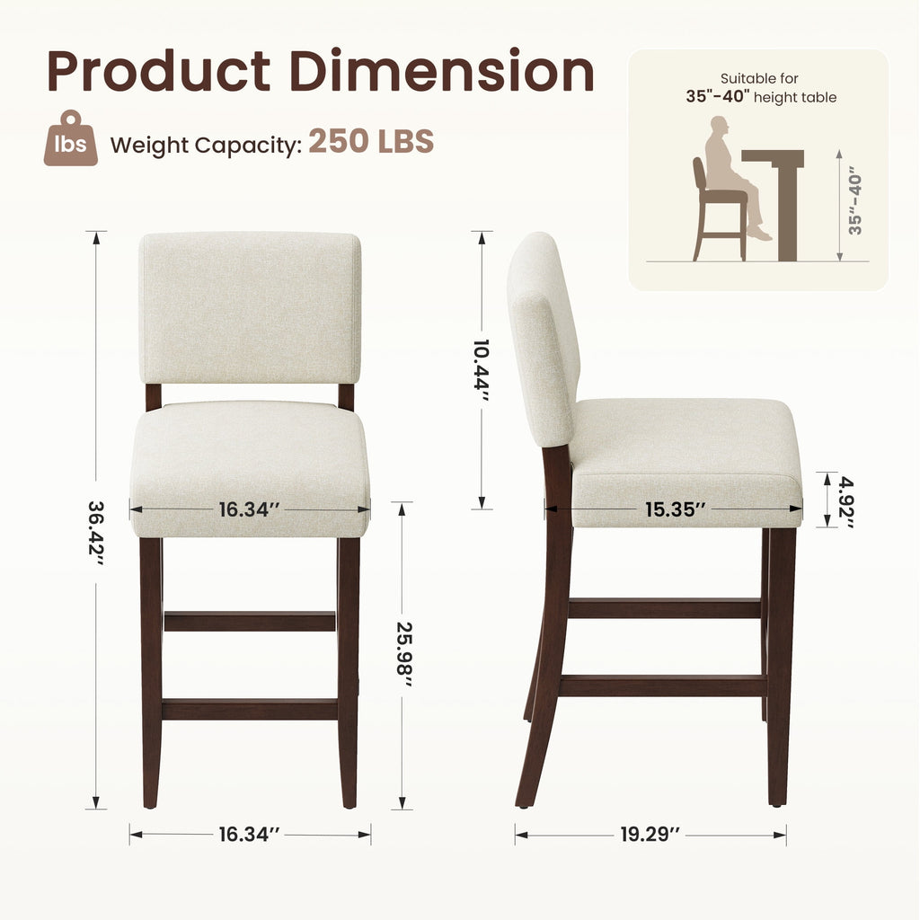 EOP 25.98" Modern Counter Height Barstools Set of 2, Farmhouse Wooden Upholstered Bar Stools With Footrest for Kitchen Island, Bar, Dining Room, Beige