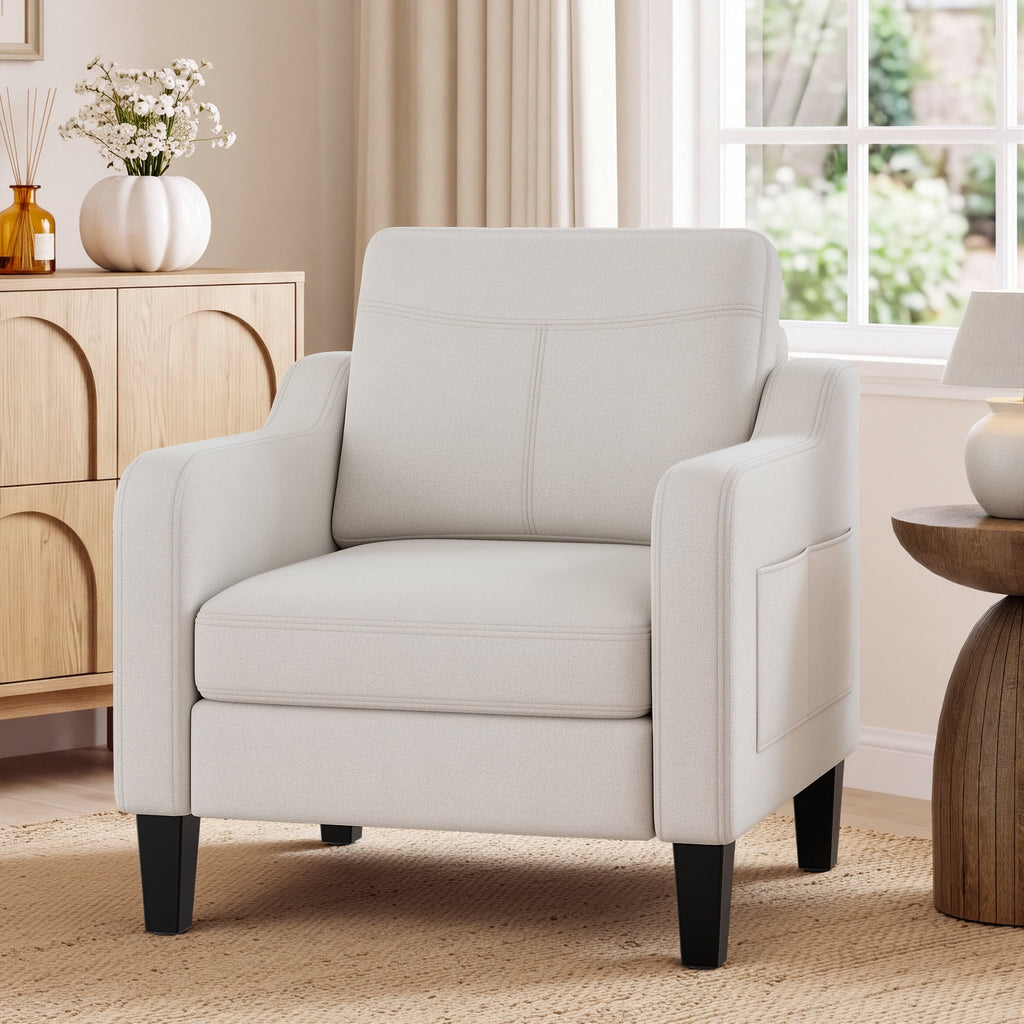 EOP Modern Comfy Armchair, Linen Fabric Accent Chair with Side Pockets, Living Room Chair with Foldable Table, Upholstered Reading Chair for Bedroom, Beige