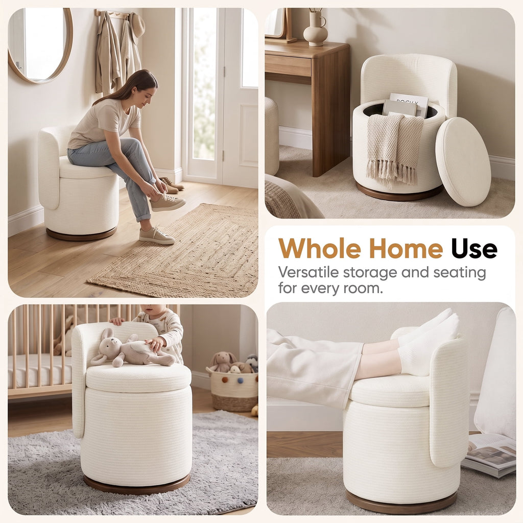 EOP Vanity Chair with Storage, 360° Swivel Upholstered Makeup Vanity Stool with Back, Modern Round Accent Stool for Bedroom or Dressing Room, White