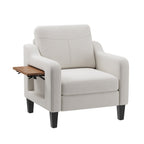 EOP Modern Comfy Armchair, Linen Fabric Accent Chair with Side Pockets, Living Room Chair with Foldable Table, Upholstered Reading Chair for Bedroom, Beige