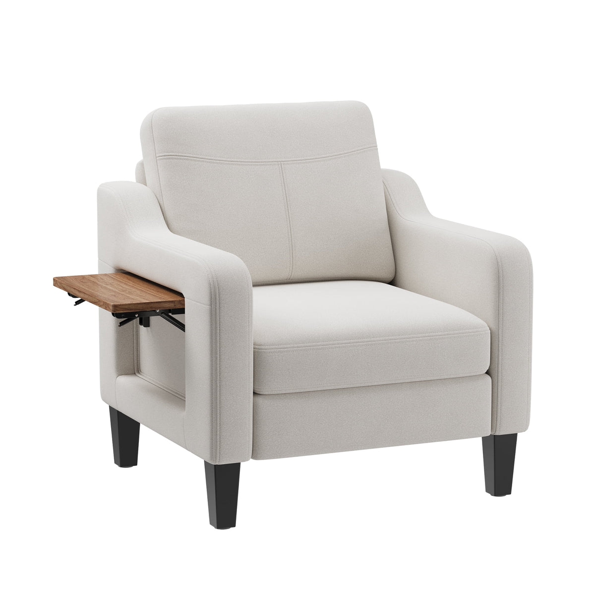 EOP Modern Comfy Armchair, Linen Fabric Accent Chair with Side Pockets, Living Room Chair with Foldable Table, Upholstered Reading Chair for Bedroom, Beige