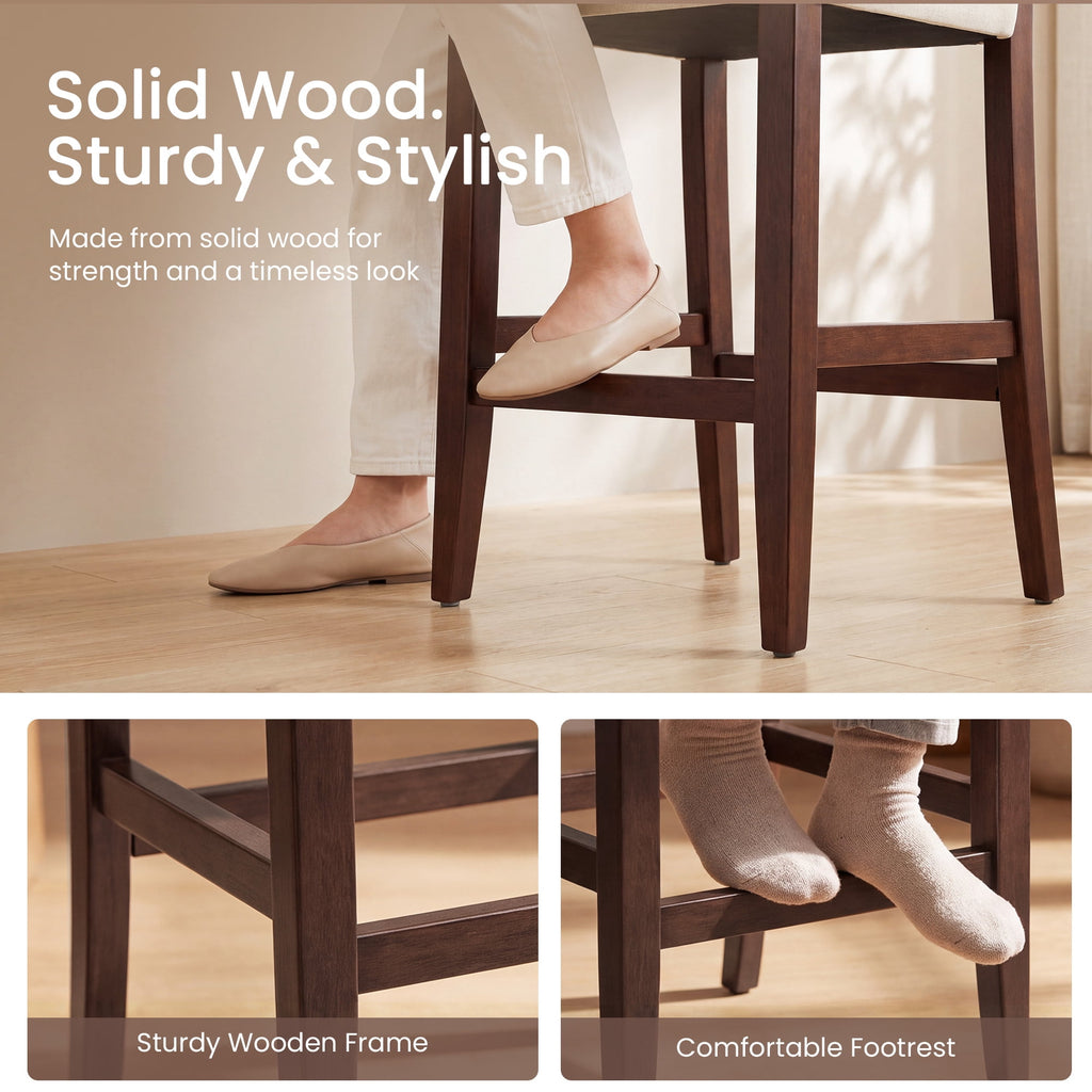 EOP 25.98" Modern Counter Height Barstools Set of 2, Farmhouse Wooden Upholstered Bar Stools With Footrest for Kitchen Island, Bar, Dining Room, Beige