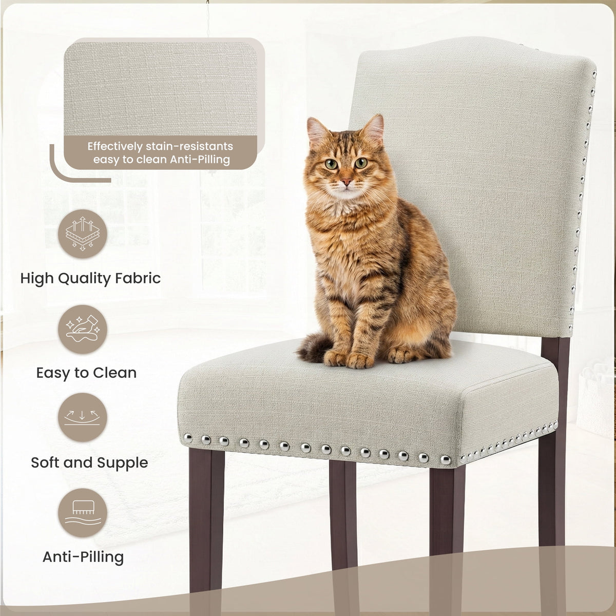 EOP Mid-Century Modern Upholstered Dining Chairs Set of 2, Farmhouse Fabric Kitchen & Dining Room Chairs with Extra Padded Seat, Ideal for Living Room, Restaurant, Beige