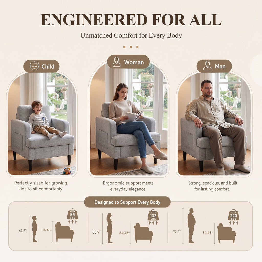 EOP 29.13" Accent Chairs Upholstered Fabric Compty Chairs with Armrest Reading Chair with Solid Wood Frame for Living Room Reading Room, Gray