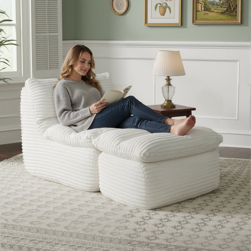 EOP Big Bean Bag Lounger Chair, Chaise Lounge Chair Indoor, Comfy Upholstered Sleeper Sofa Bed with Compressed Memory Foam, No Assembly Required, Beige