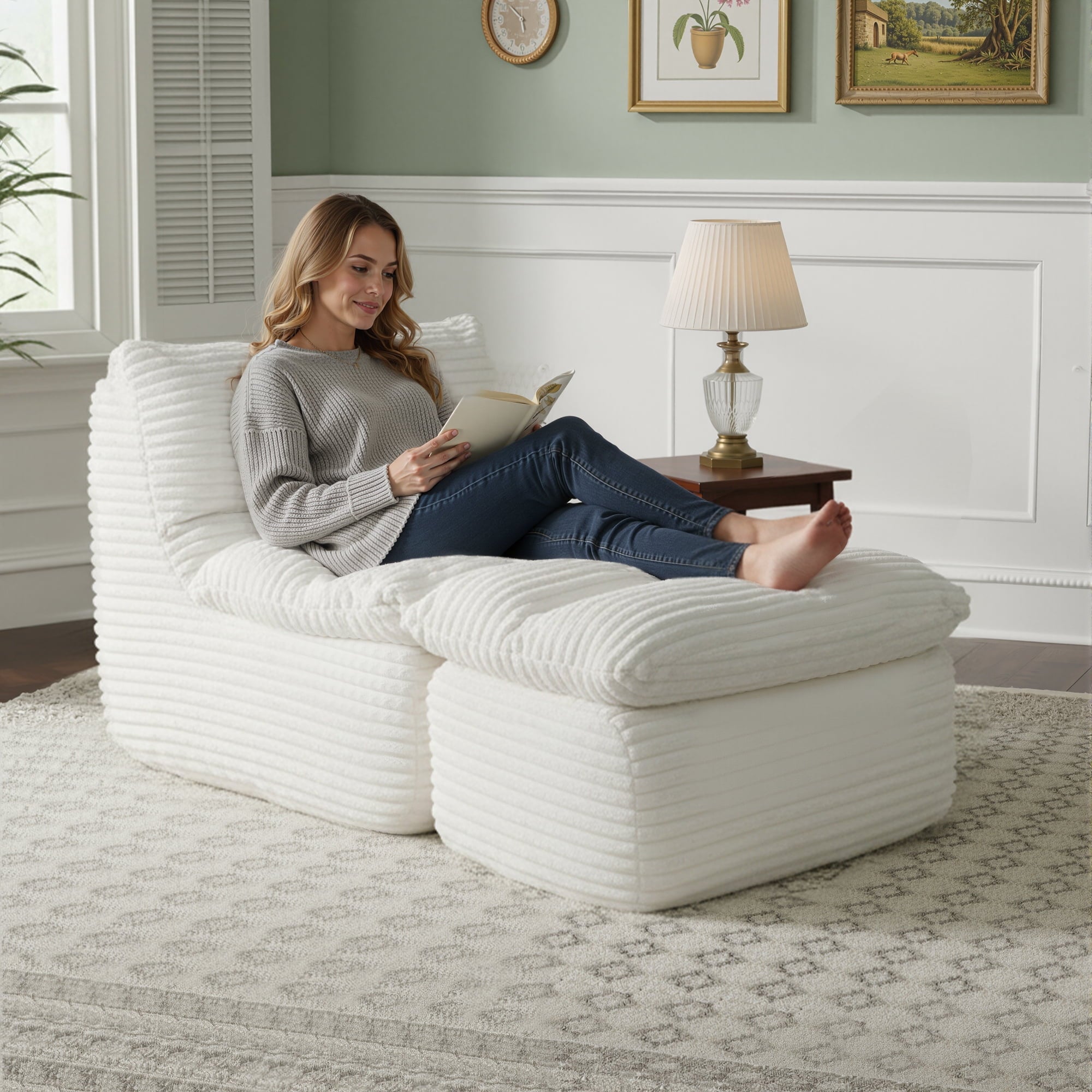 EOP Big Bean Bag Lounger Chair, Chaise Lounge Chair Indoor, Comfy Upholstered Sleeper Sofa Bed with Compressed Memory Foam, No Assembly Required, Beige