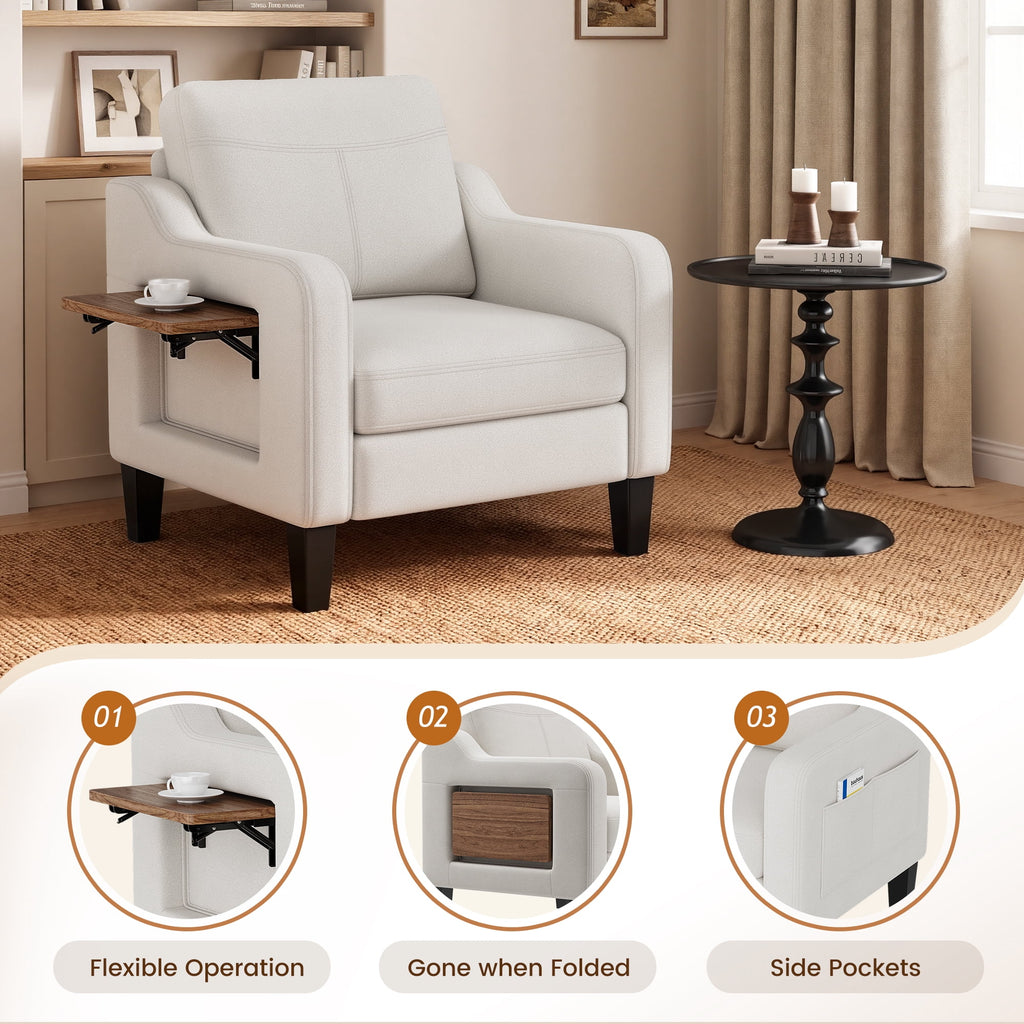 EOP Modern Comfy Armchair, Linen Fabric Accent Chair with Side Pockets, Living Room Chair with Foldable Table, Upholstered Reading Chair for Bedroom, Beige