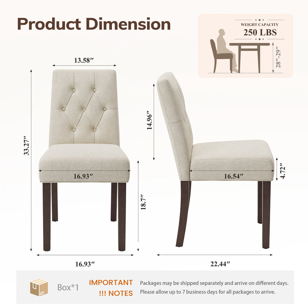 EOP Dining Chairs Set of 2, Modern Upholstered Fabric Dining Room Chairs, Armless Kitchen Side Chairs with Wood Legs and Padded Seat for Living Room, Bedroom, Kitchen, Beige