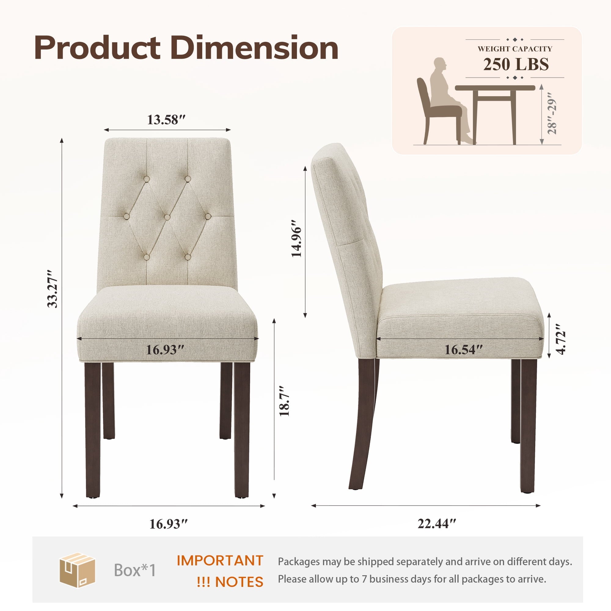 EOP Dining Chairs Set of 2, Modern Upholstered Fabric Dining Room Chairs, Armless Kitchen Side Chairs with Wood Legs and Padded Seat for Living Room, Bedroom, Kitchen, Beige