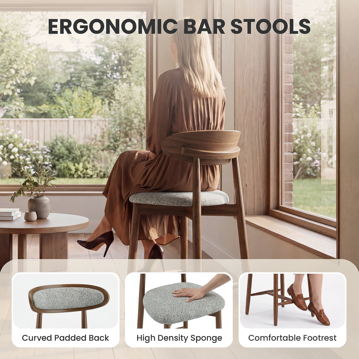 EOP Modern Bar Stools Set of 4, Upholstered 24.8″ Counter Height Bar Stools, Kitchen Island Barstools with Wood Legs for Kitchen Island Dining Room Bar, Light Gray