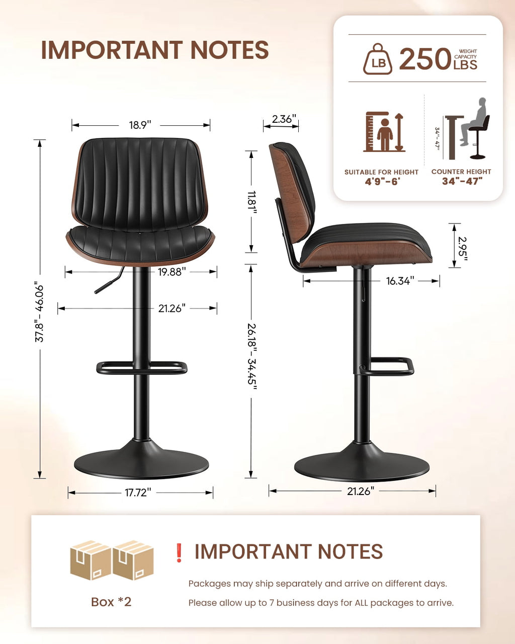 EOP Modern Upholstered Barstools Set of 4, Adjustable Height Counter Stools with Bentwood, Faux Leather Swivel Bar Stools with Metal Frame, Black
