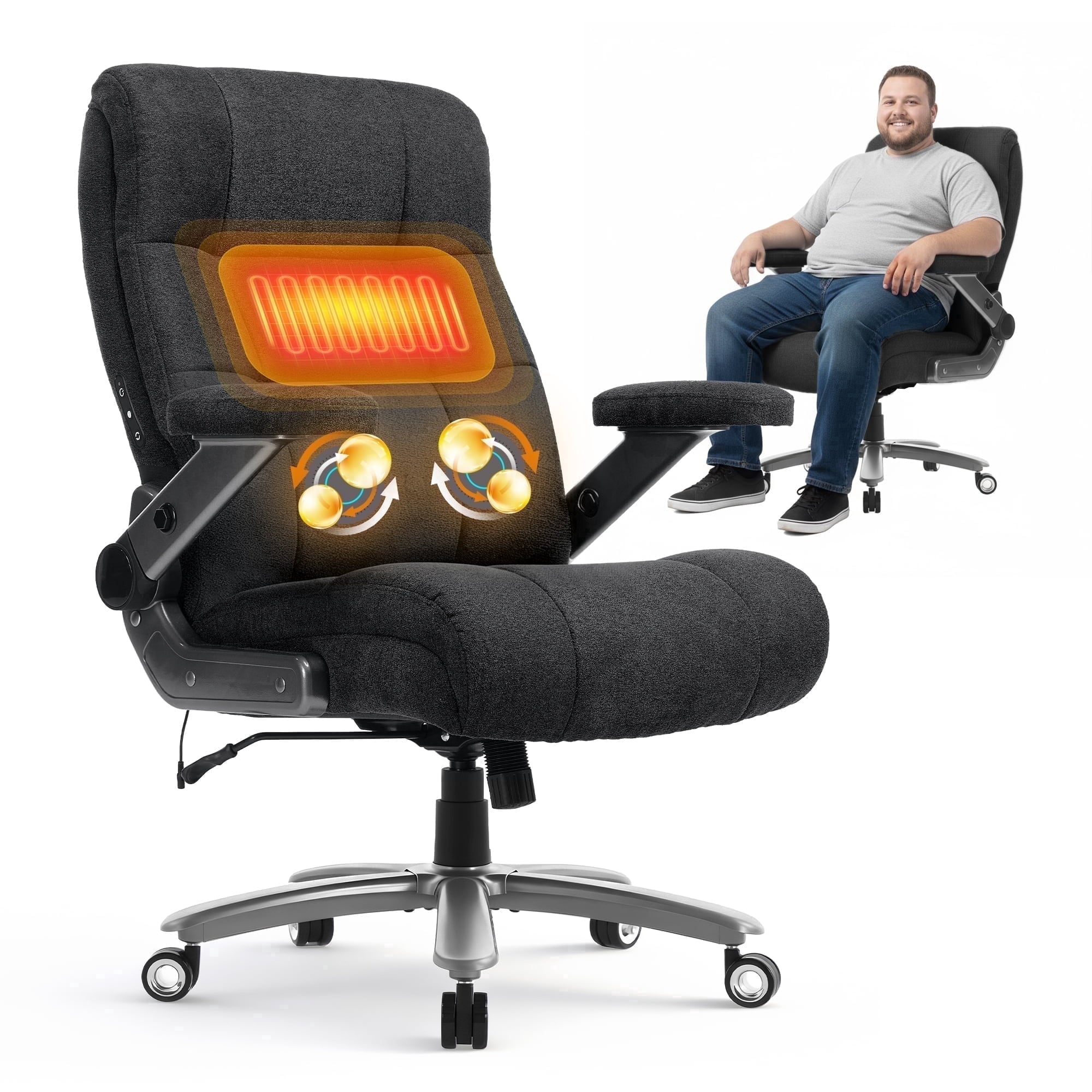 EOP Big and Tall Executive Office Chair 400lbs, High Back Ergonomic Desk Chair with Heat & Kneading Massage, Flip-Up Armrests, Black