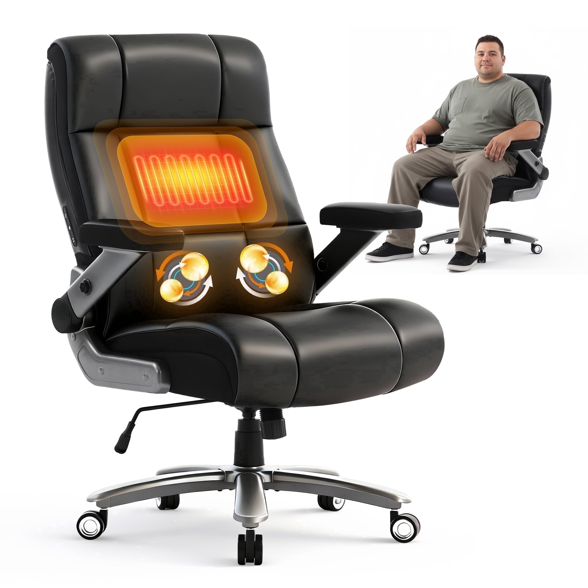EOP Big and Tall Executive Office Chair 400lbs, High Back Ergonomic Desk Chair with Heat & Kneading Massage, Flip-Up Armrests, Black