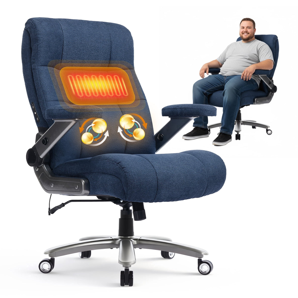 EOP Big and Tall Executive Office Chair 400lbs, High Back Ergonomic Desk Chair with Heat & Kneading Massage, Flip-Up Armrests, Black