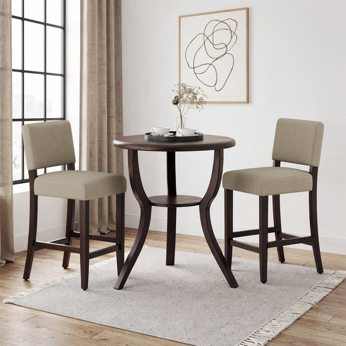 EOP 25.98" Modern Counter Height Barstools Set of 2, Farmhouse Wooden Upholstered Bar Stools With Footrest for Kitchen Island, Bar, Dining Room, Beige