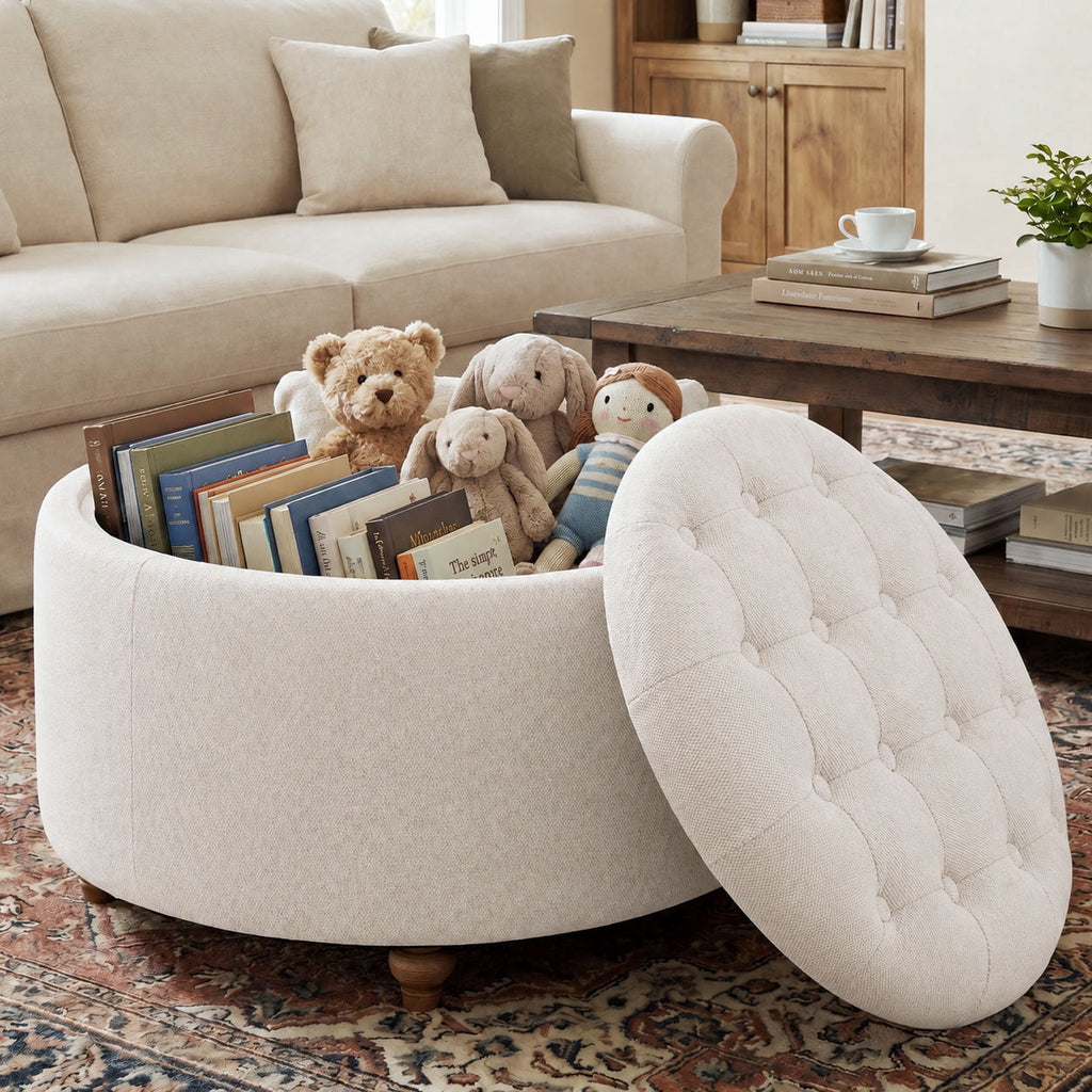 EOP 25" Round Storage Ottoman, Tufted Fabric Modern Circle Ottoman with Reversible Tray Lid, Solid Wood Legs, Multi-Use Coffee Table & Seating for Living Room, Bedroom, Beige