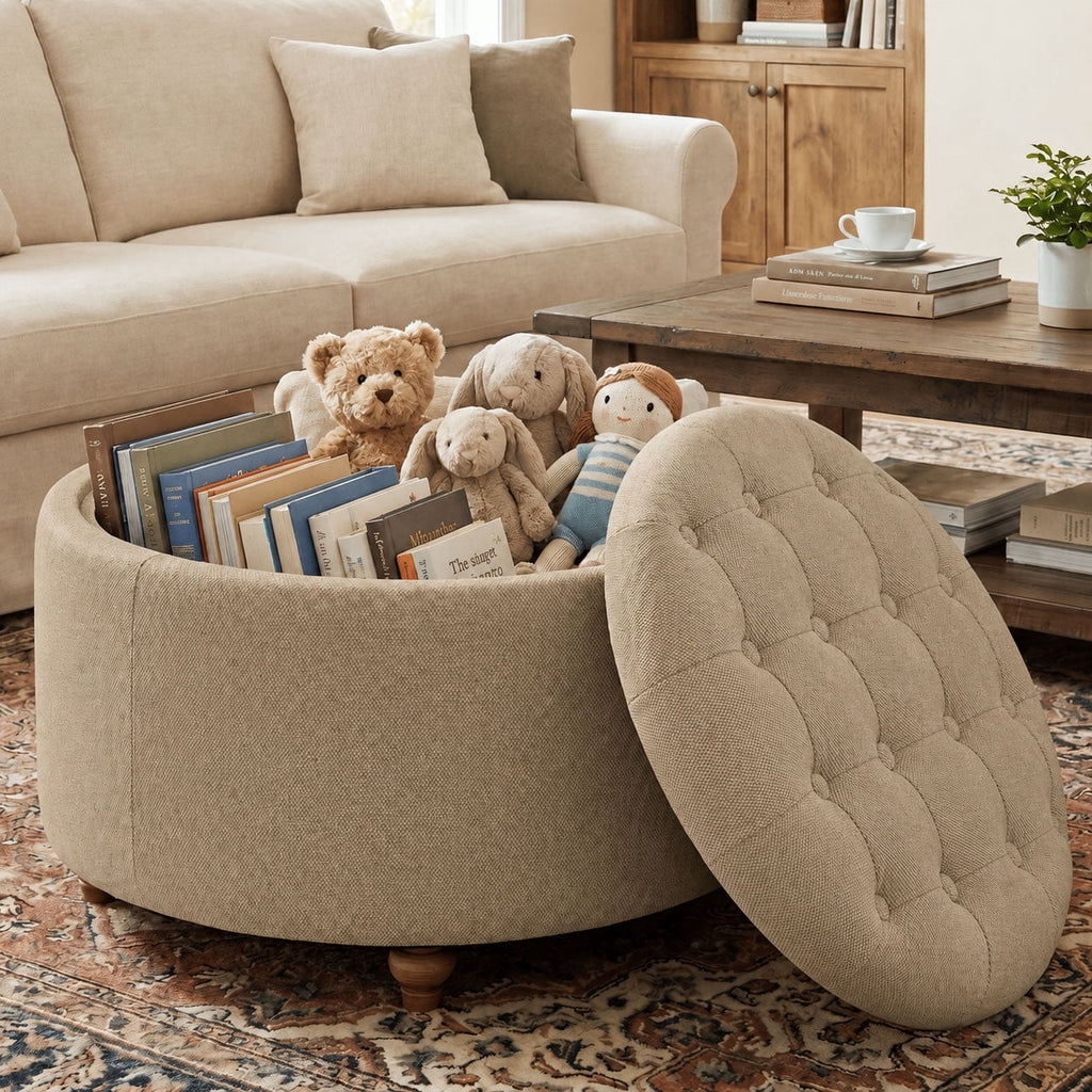 EOP 25" Round Storage Ottoman, Tufted Fabric Modern Circle Ottoman with Reversible Tray Lid, Solid Wood Legs, Multi-Use Coffee Table & Seating for Living Room, Bedroom, Beige