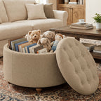 EOP 25" Round Storage Ottoman, Tufted Fabric Modern Circle Ottoman with Reversible Tray Lid, Solid Wood Legs, Multi-Use Coffee Table & Seating for Living Room, Bedroom, Beige