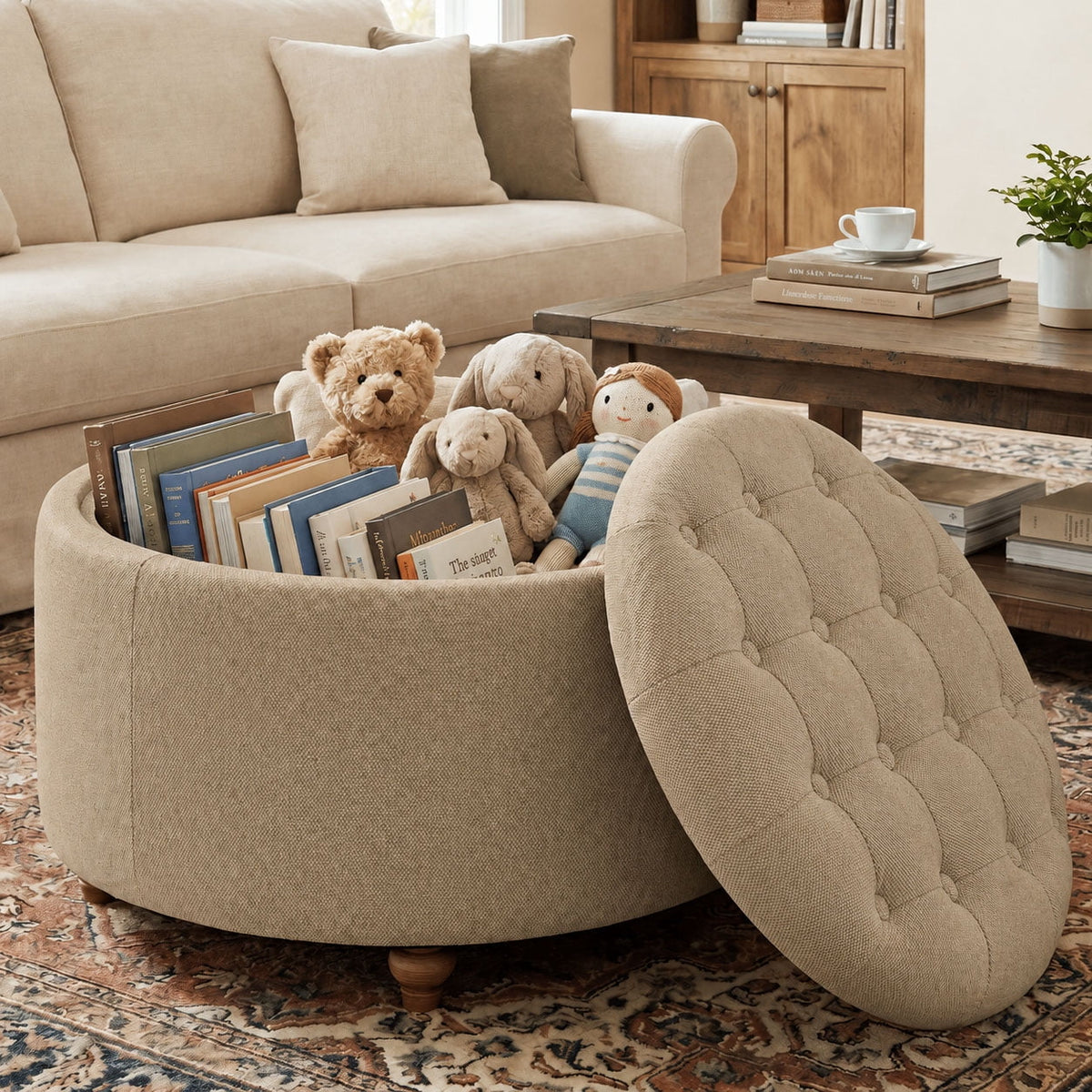 EOP 25" Round Storage Ottoman, Tufted Fabric Modern Circle Ottoman with Reversible Tray Lid, Solid Wood Legs, Multi-Use Coffee Table & Seating for Living Room, Bedroom, Beige