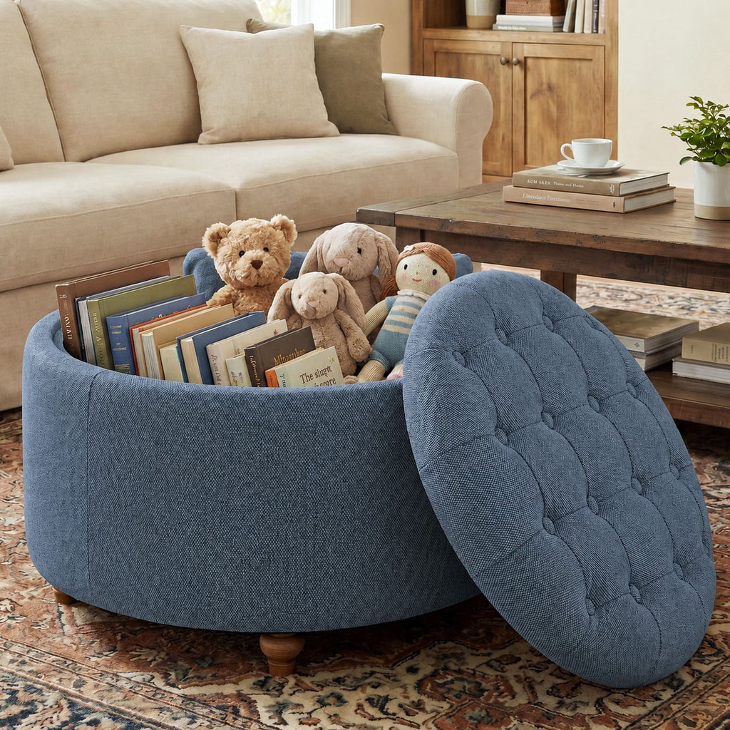 EOP 25" Round Storage Ottoman, Tufted Fabric Modern Circle Ottoman with Reversible Tray Lid, Solid Wood Legs, Multi-Use Coffee Table & Seating for Living Room, Bedroom, Beige